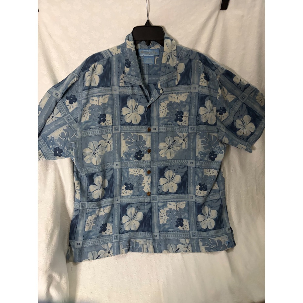 Bermuda Bay VintageCabana Core M XL Blue Silk Hibiscus Floral Camp Button Down